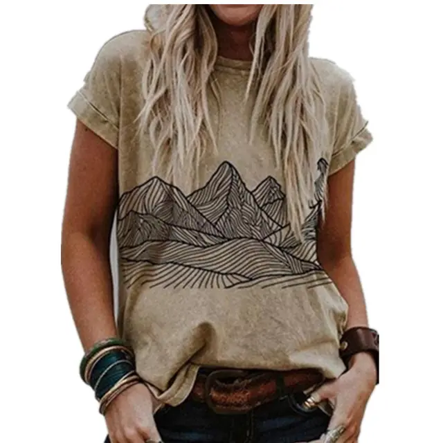 Cross Border Foreign Trade Beauty Dress Mountain Landscape Printing Casual Short Sleeved T Shirt Khaki - Shop at LoveMi