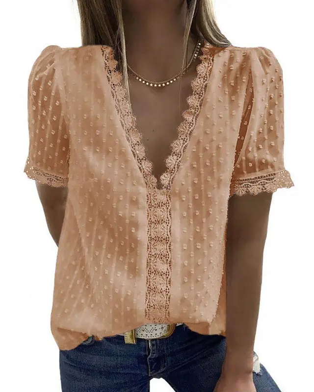 Lace Jacquard Short Sleeved Casual T Shirt Women Apricot - Shop at LoveMi