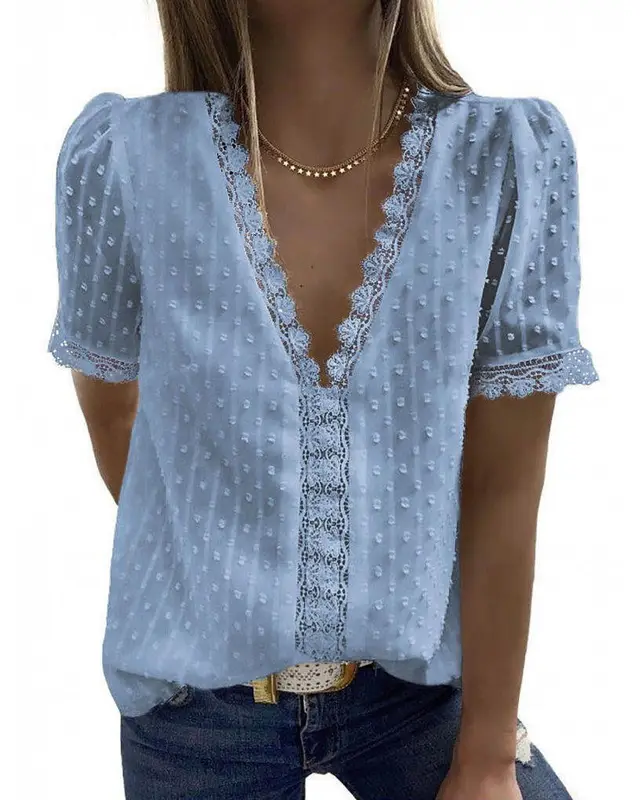 Lace Jacquard Short Sleeved Casual T Shirt Women Light Blue - Shop at LoveMi