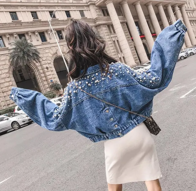 Spring, Autumn And Winter New Style Denim Jacket For Female Students, Korean Style Loose Short Short And Small Beaded Top Blue - Shop at LoveMi