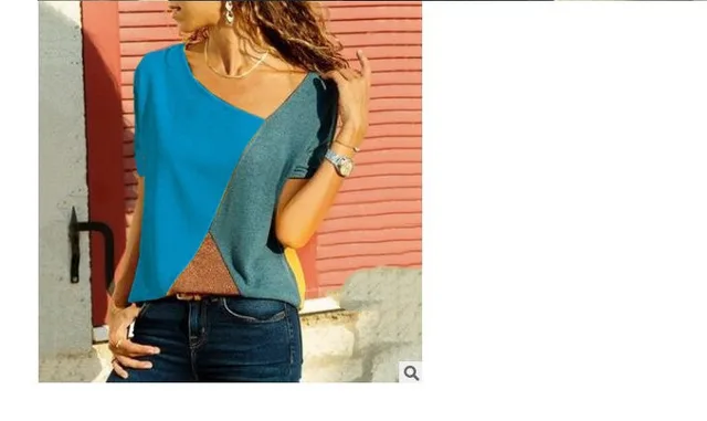 Stitching Contrast Color Round Neck Short Sleeved Casual T Shirt Ladies Top Sky Blue - Shop at LoveMi