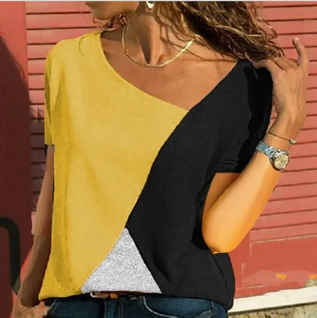 Stitching Contrast Color Round Neck Short Sleeved Casual T Shirt Ladies Top Yellow - Shop at LoveMi