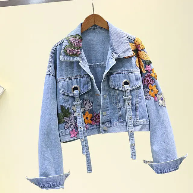 Women's Short Denim Jacket With Flower Embroidery Blue - Shop at LoveMi