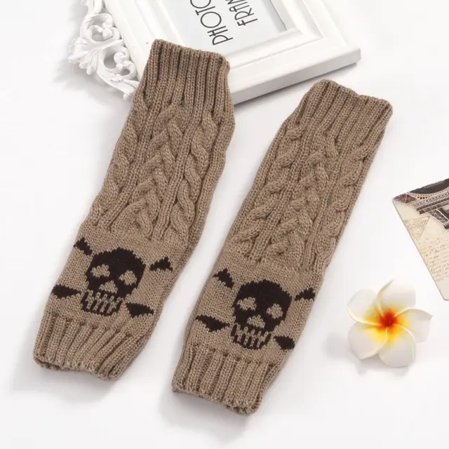 Warm Twisted Skull Knit Short Gloves With Wool Khaki - Shop at LoveMi