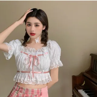 Limo Bobon21 Small Sweet French Small Lisa Small Waist Bubble Sleeve Lace Top Shirt - White