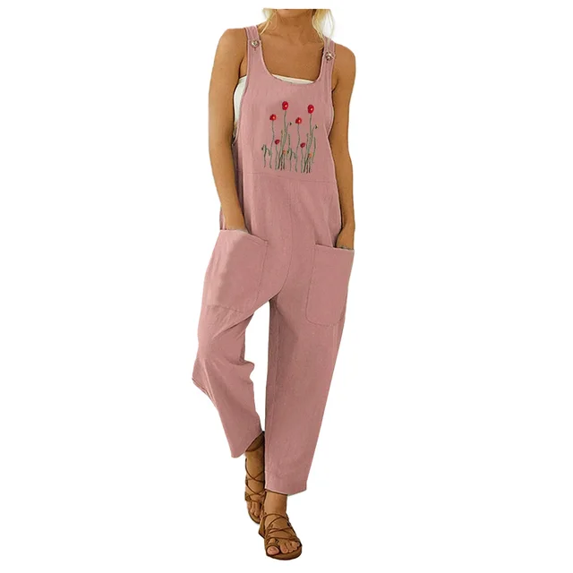 Workwear Overalls Loose Embroidered Casual Pants Women's Overalls With Suspenders Red - Shop at LoveMi