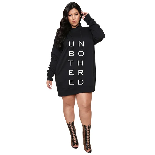 Plus Size Dresses for Women Letter Print Hoodie Casual Loose Mini Dress Sweat Suits Spring Clothes Black - Shop at LoveMi