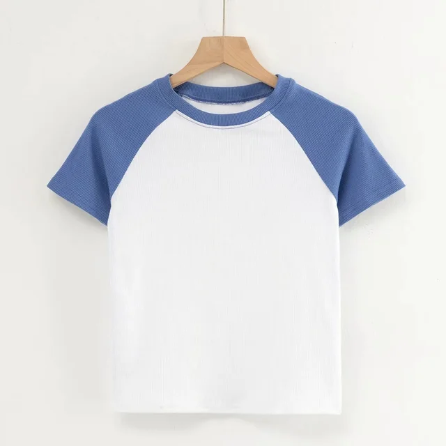 Contrast Stitching Short sleeved T shirt Women Blue - Shop at LoveMi