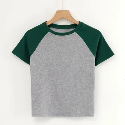 Contrast Stitching Short sleeved T shirt Women Green - Shop at LoveMi