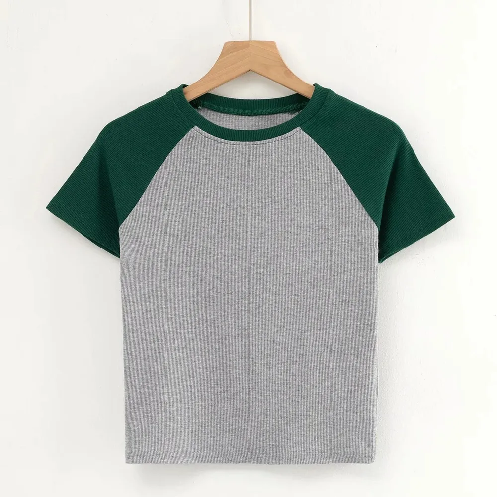 Contrast Stitching Short-sleeved T-shirt Women - Green