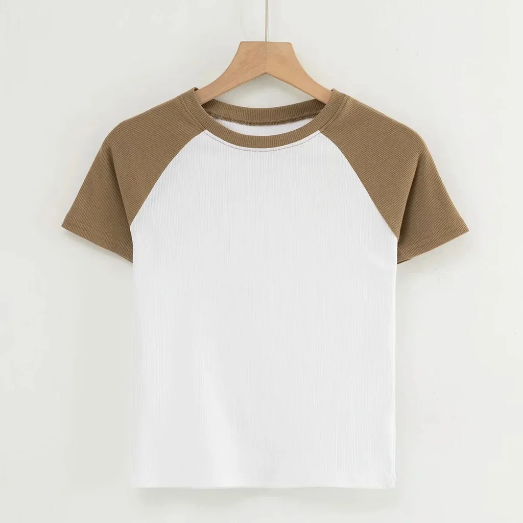 Contrast Stitching Short-sleeved T-shirt Women - Khaki