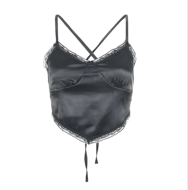 Sexy Open Back Lace Satin V neck Camisole Black - Shop at LoveMi