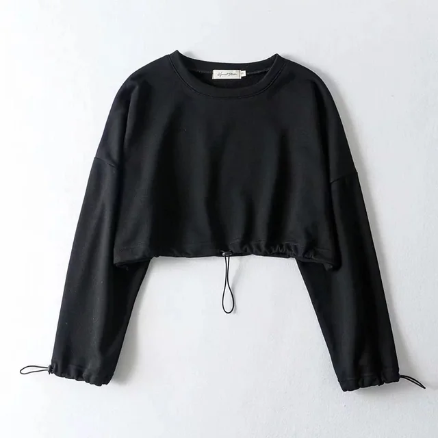 Round Neck Loose High Eaist Drawstring Hem Solid Color Sweatshirt Black - Shop at LoveMi