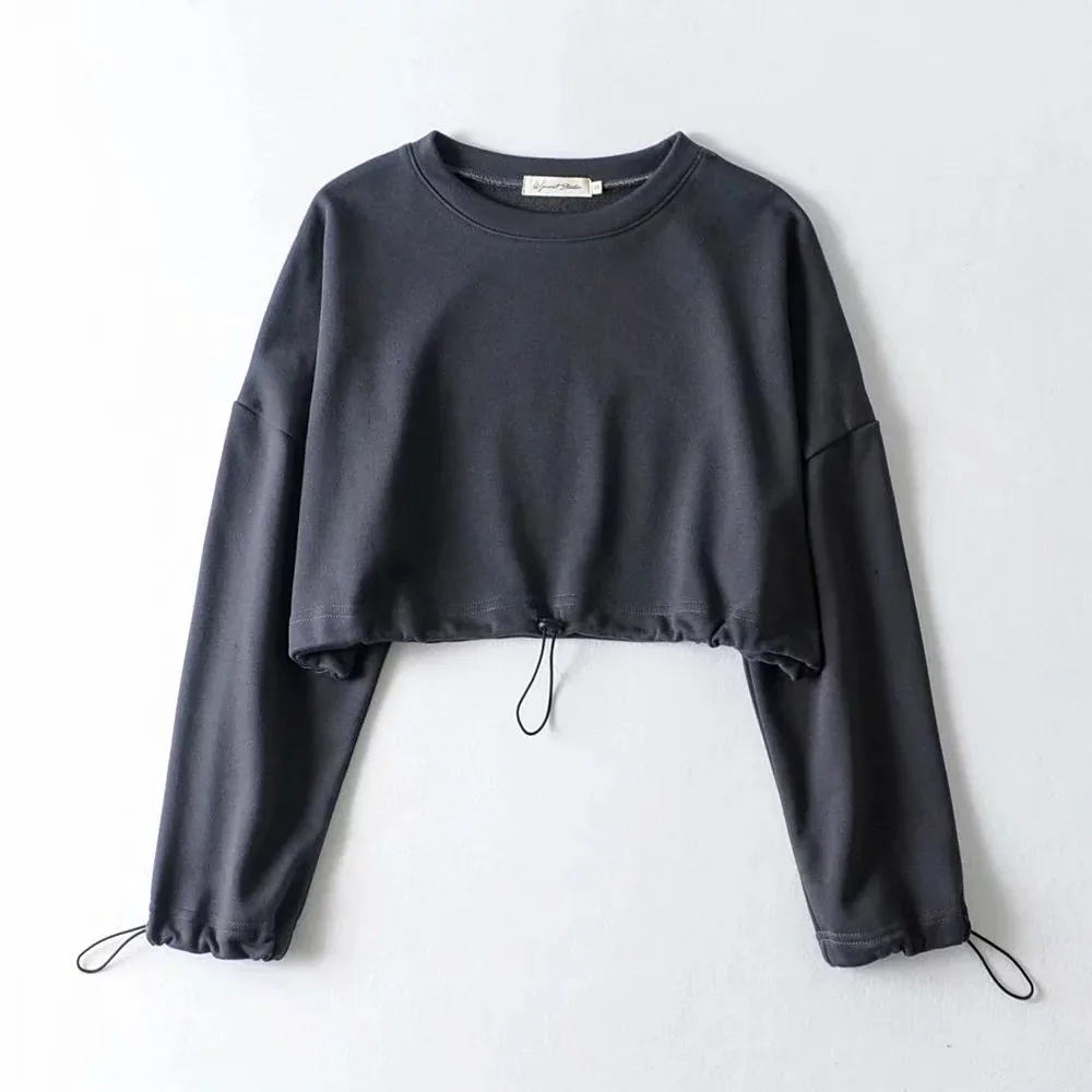 Round Neck Loose High Eaist Drawstring Hem Solid Color Sweatshirt - Dark Gray