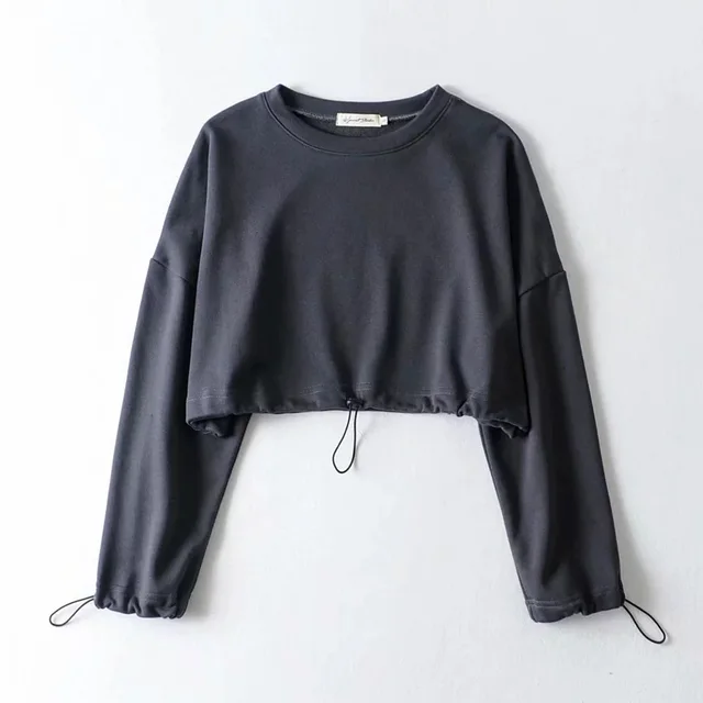Round Neck Loose High Eaist Drawstring Hem Solid Color Sweatshirt Dark Gray - Shop at LoveMi