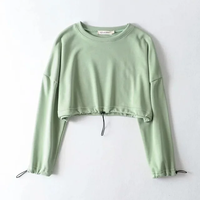 Round Neck Loose High Eaist Drawstring Hem Solid Color Sweatshirt Green - Shop at LoveMi