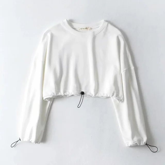Round Neck Loose High Eaist Drawstring Hem Solid Color Sweatshirt White - Shop at LoveMi