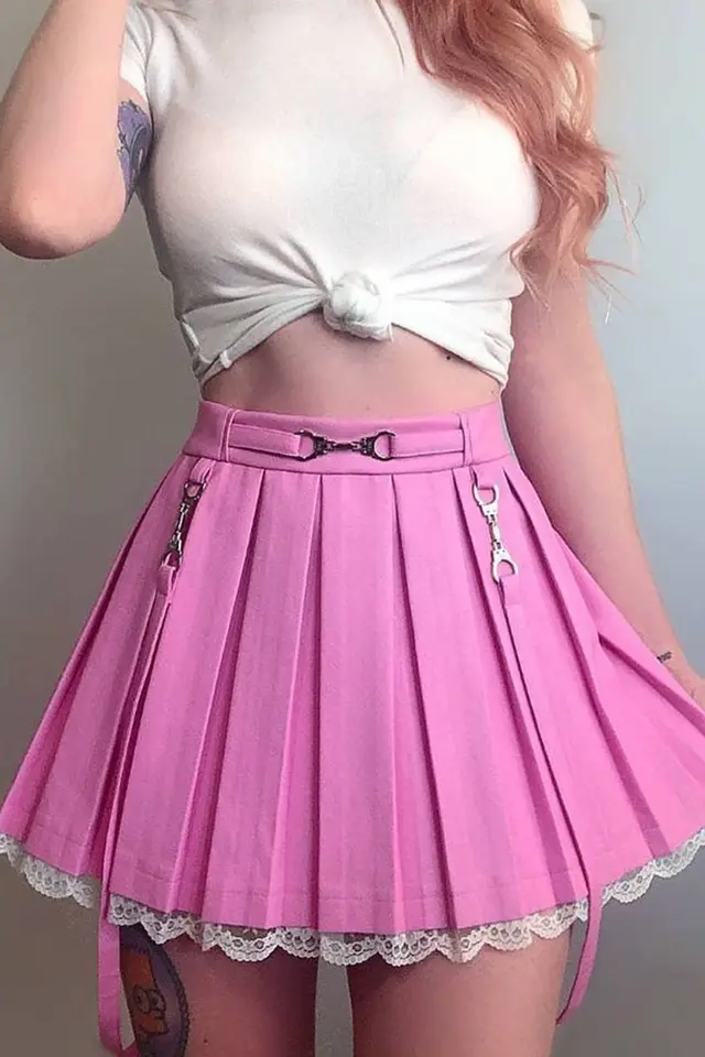 High waist Lace Stitching Contrast Streamer Pleated Skirt Pink - Shop at LoveMi