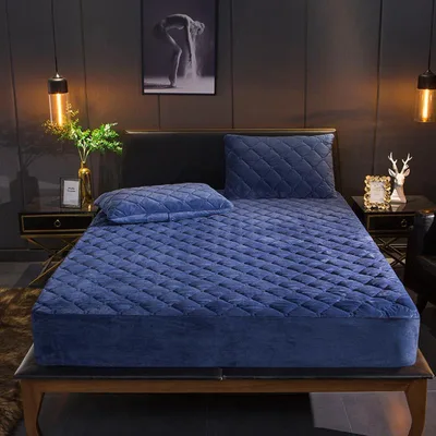 Quilted Bed Sheet Crystal Velvet Simmons Protective Cover To Keep Warm Bedspread Non Slip Blue - Shop at LoveMi