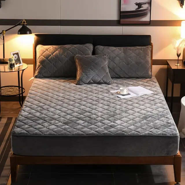 Quilted Bed Sheet Crystal Velvet Simmons Protective Cover To Keep Warm Bedspread Non Slip Grey - Shop at LoveMi
