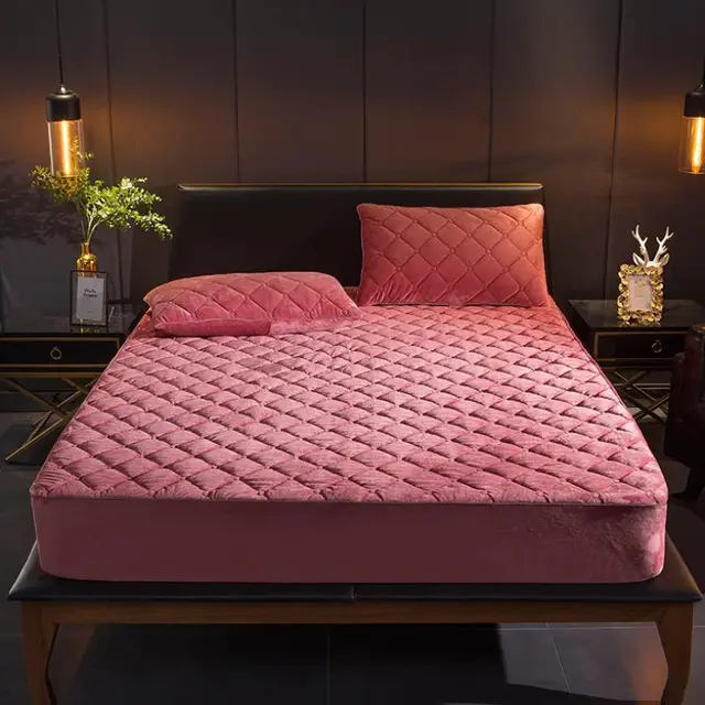 Quilted Bed Sheet Crystal Velvet Simmons Protective Cover To Keep Warm Bedspread Non Slip Pink - Shop at LoveMi