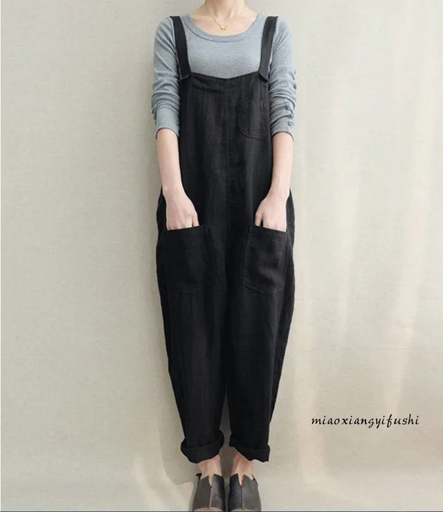 Spring And Summer New Style Foreign Trade Women's Pants Casual Pants Cotton And Linen Breathable Large Size Overalls Black - Shop at LoveMi