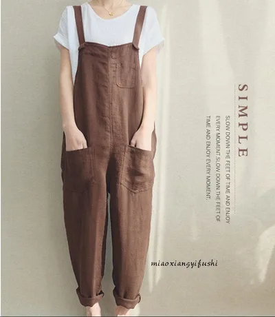 Spring And Summer New Style Foreign Trade Women's Pants Casual Pants Cotton And Linen Breathable Large Size Overalls Coffee - Shop at LoveMi