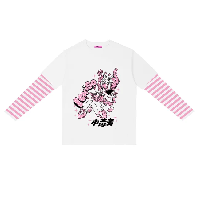 Punk Loose Long Sleeved Striped Fake Two Cartoon Dark T Shirts - Shop at LoveMi