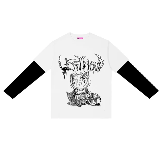 Punk Loose Long Sleeved Striped Fake Two Cartoon Dark T Shirts - Shop at LoveMi