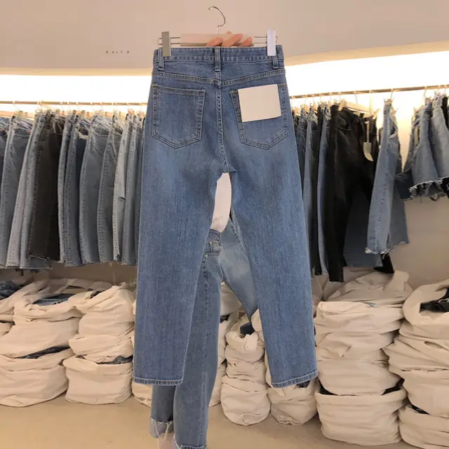 Spring New Ripped High Waist Straight Leg Slim Jeans Casual All Match Trousers Default - Shop at LoveMi