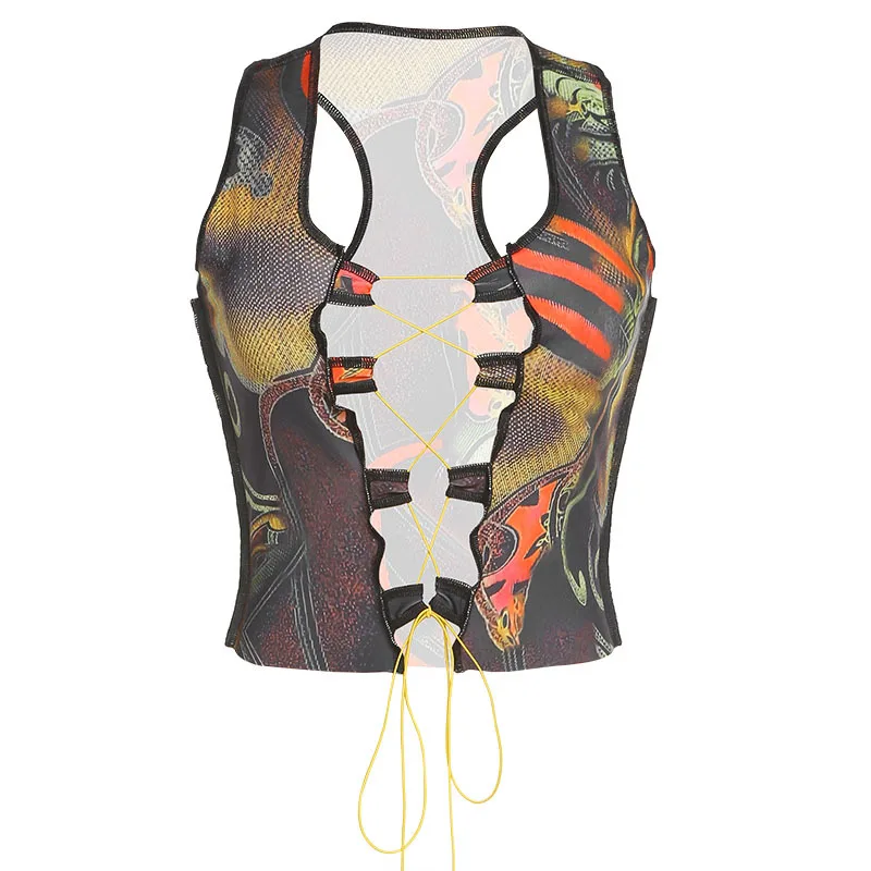 Printed Strappy Hollow Slim Vest Women's Clothing - Brown