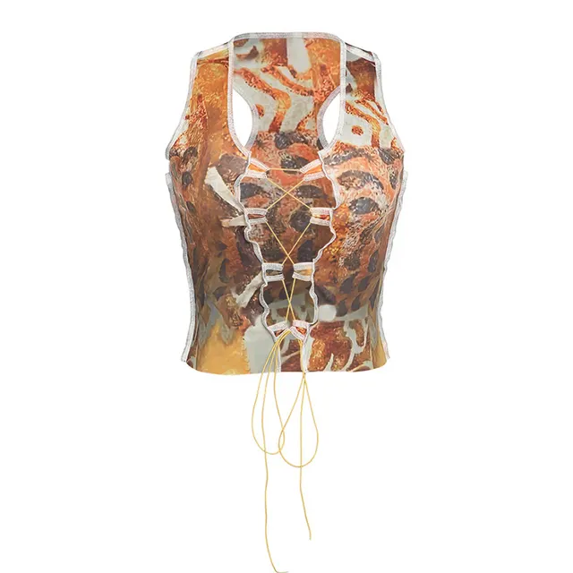 Printed Strappy Hollow Slim Vest Women's Clothing Yellow - Shop at LoveMi