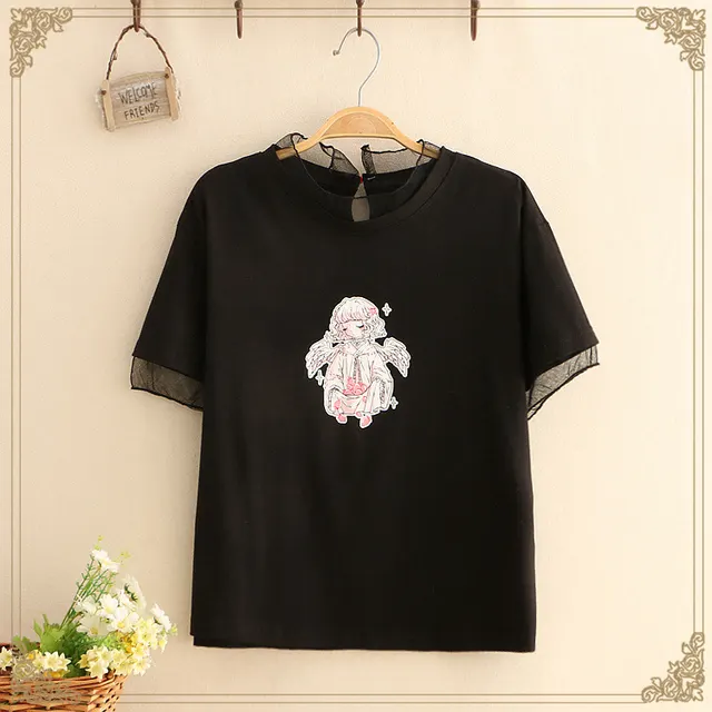 Mesh Fake Two Piece Round Neck T Shirt Short Sleeved Top Black - Shop at LoveMi