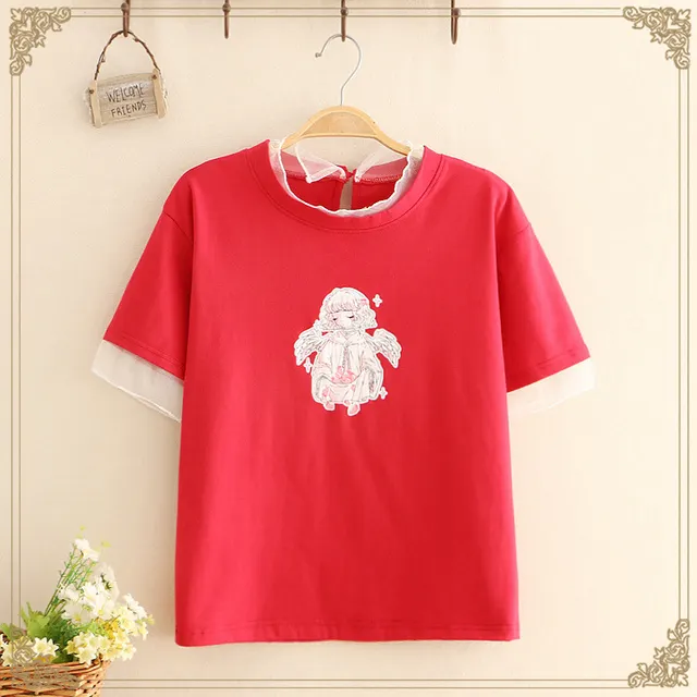 Mesh Fake Two Piece Round Neck T Shirt Short Sleeved Top Red - Shop at LoveMi