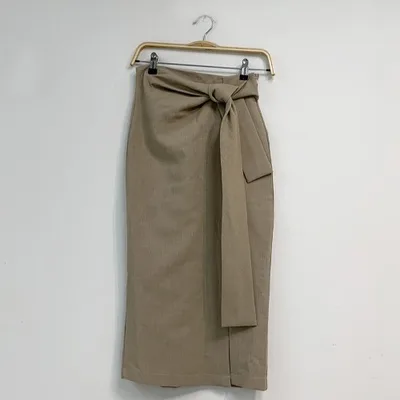 A line Mid length Slit High Waist Bag Hip Skirt Khaki - Shop at LoveMi
