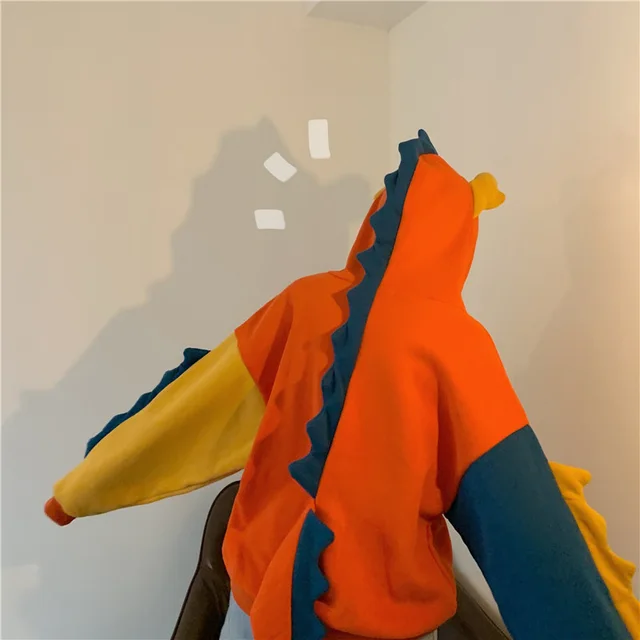 Color Matching Dinosaur Loose Hooded Sweater Women Orange - Shop at LoveMi