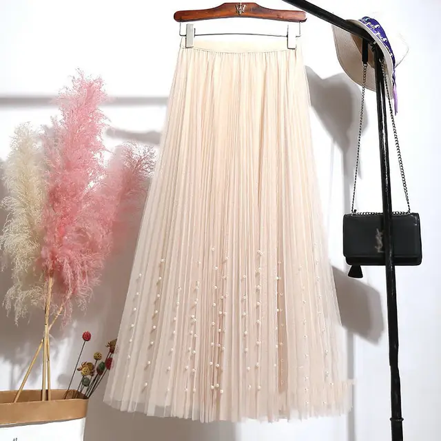 Mesh Skirt New Pleated Skirt Pure Color Sweet And Beaded Female Large Swing Skirt Apricot - Shop at LoveMi