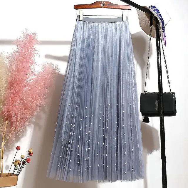 Mesh Skirt New Pleated Skirt Pure Color Sweet And Beaded Female Large Swing Skirt Blue - Shop at LoveMi
