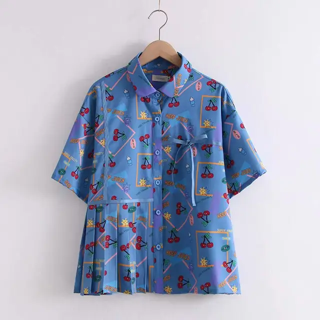 Retro Childlike Cherry Print Pleated Short sleeved Chiffon Shirt Blue - Shop at LoveMi