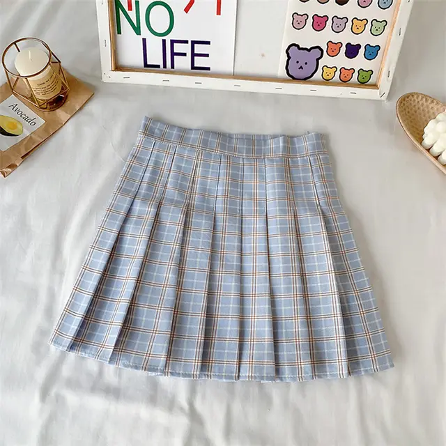 Candy Color Plaid All Match Pleated Skirt Blue - Shop at LoveMi