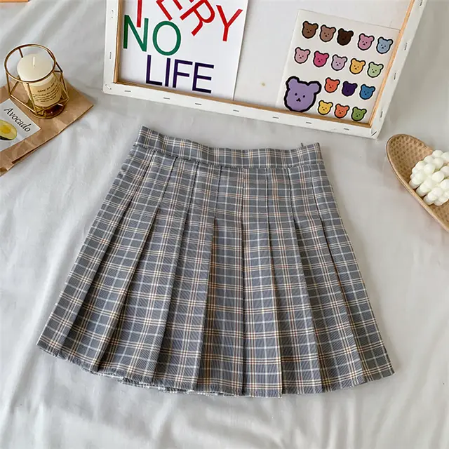 Candy Color Plaid All Match Pleated Skirt Grey - Shop at LoveMi