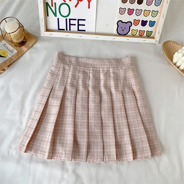 Candy Color Plaid All Match Pleated Skirt Orange Pink - Shop at LoveMi