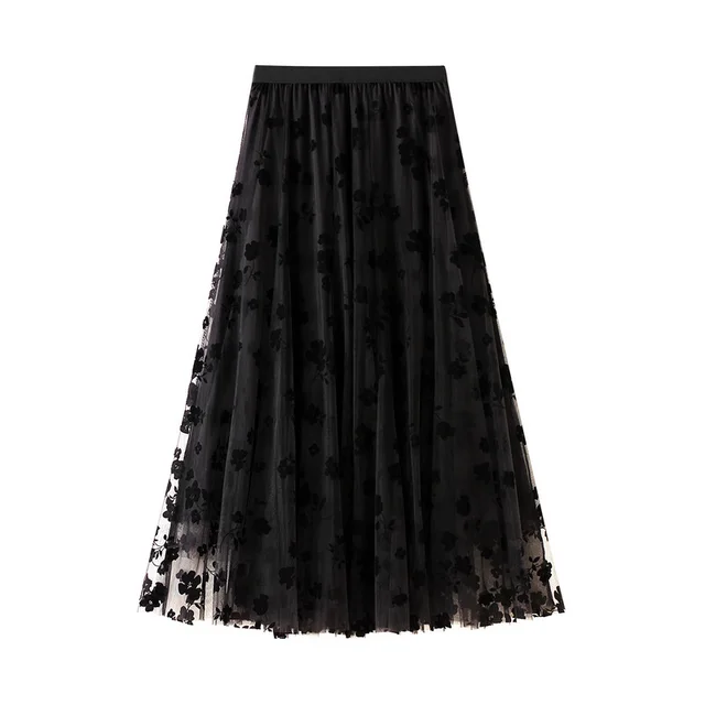 Thin Drape Pleated Skirt Flocking Mesh Skirt Women Black - Shop at LoveMi