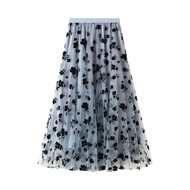 Thin Drape Pleated Skirt Flocking Mesh Skirt Women Blue - Shop at LoveMi
