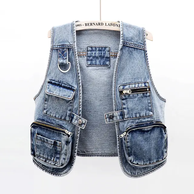 All Match Fashion Multi Pocket Denim Vest Women Short Vest Blue - Shop at LoveMi