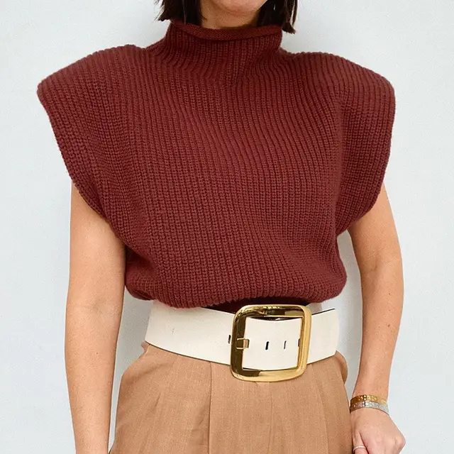 Temperament High Neck Short Sleeved Sweater Top Women Wine Red - Shop at LoveMi