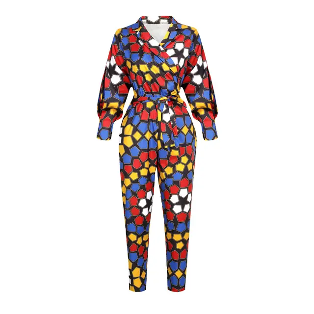 Women's V neck Autumn Long sleeved Jumpsuit African Style Cropped Trousers Red - Shop at LoveMi