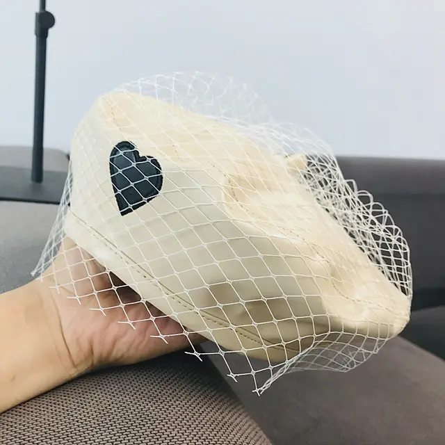 PU Leather NetYarn Love Street Women Retro Casual Beret FashionHat Beige - Shop at LoveMi
