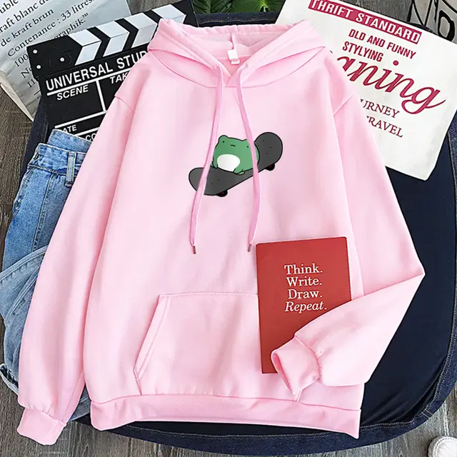 Skateboard Frog Same Style Long Sleeve Fleece Sweatshirt Sweatshirt Pink - Shop at LoveMi