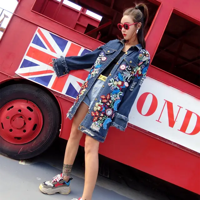 Fashion Loose Mid length Long Sleeved Denim Jacket Women Denim Blue - Shop at LoveMi
